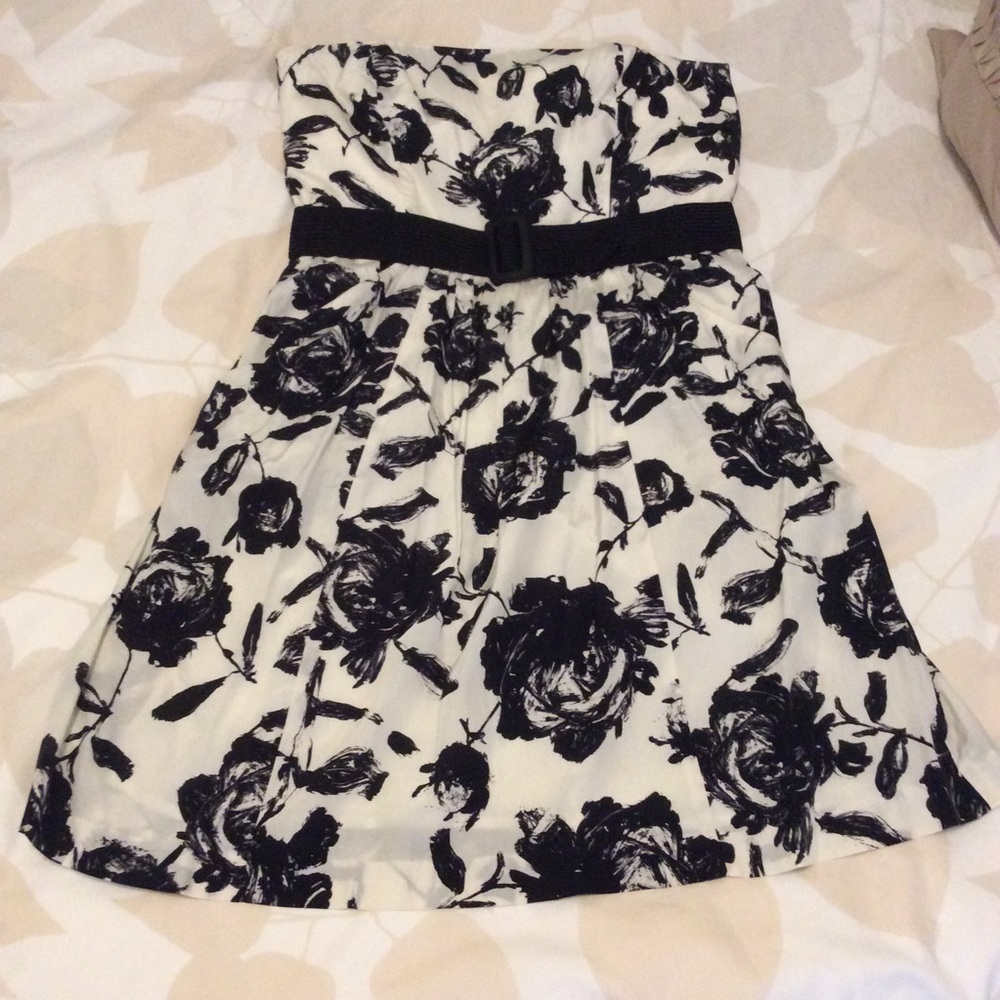 LOFT, Strapless Dress, Black, Ivory Floral, 10.